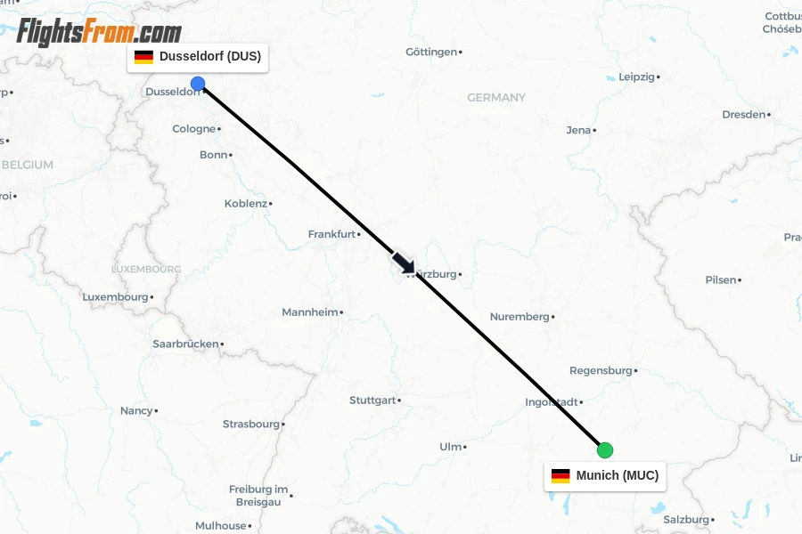 Flights from Dusseldorf to Munich route map