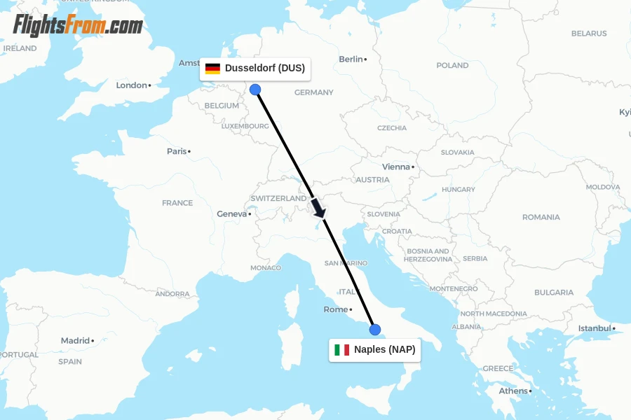Flights from Dusseldorf to Naples route map