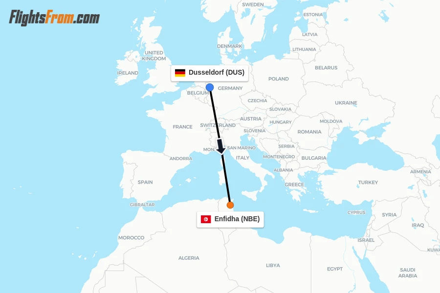 Flights from Dusseldorf to Enfidha route map
