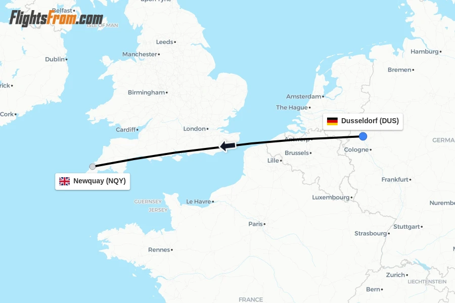 Flights from Dusseldorf to Newquay route map
