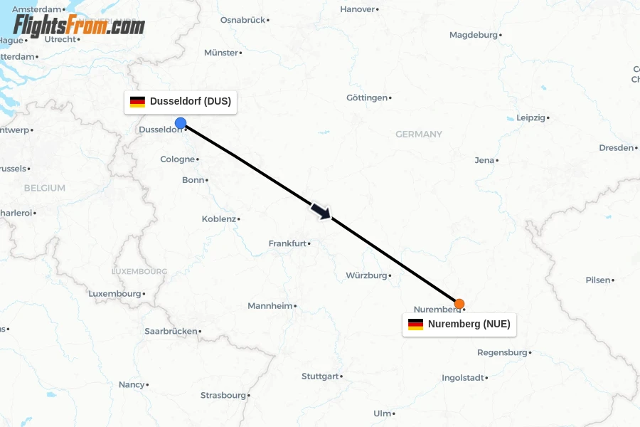 Flights from Dusseldorf to Nuremberg route map
