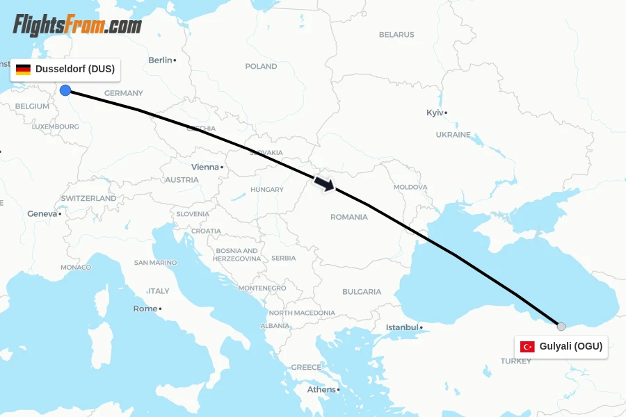 Flights from Dusseldorf to Gulyali route map