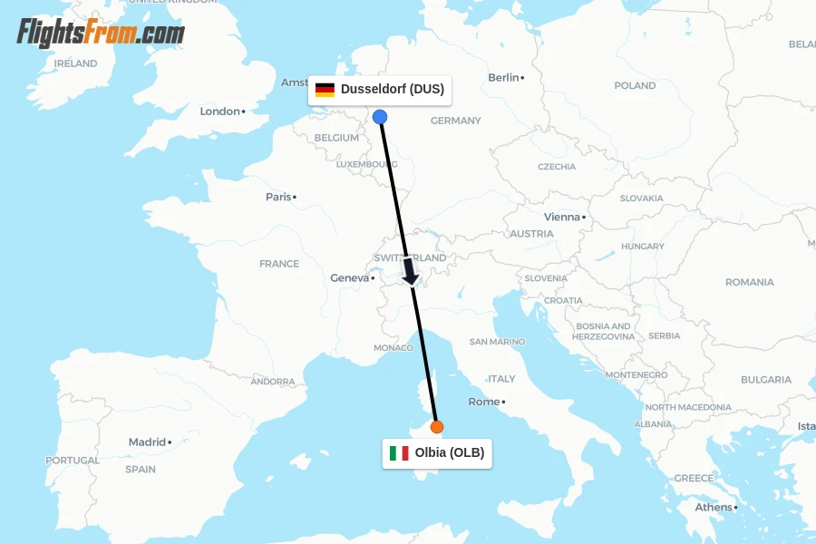 Flights from Dusseldorf to Olbia route map