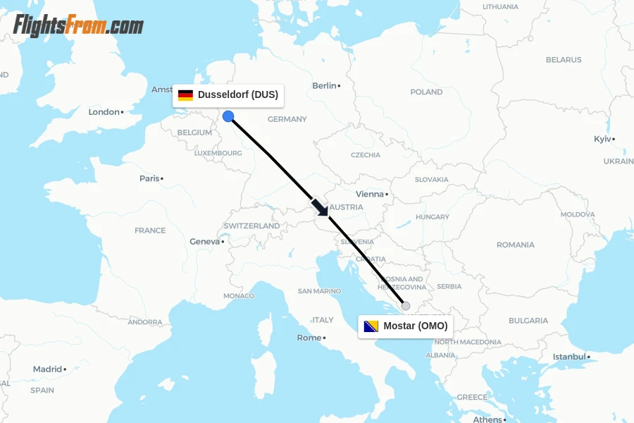 Flights from Dusseldorf to Mostar route map