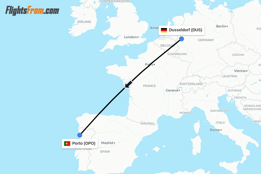 Flights from Dusseldorf to Porto route map