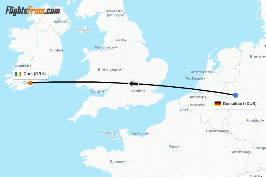 Flights from Dusseldorf to Cork route map