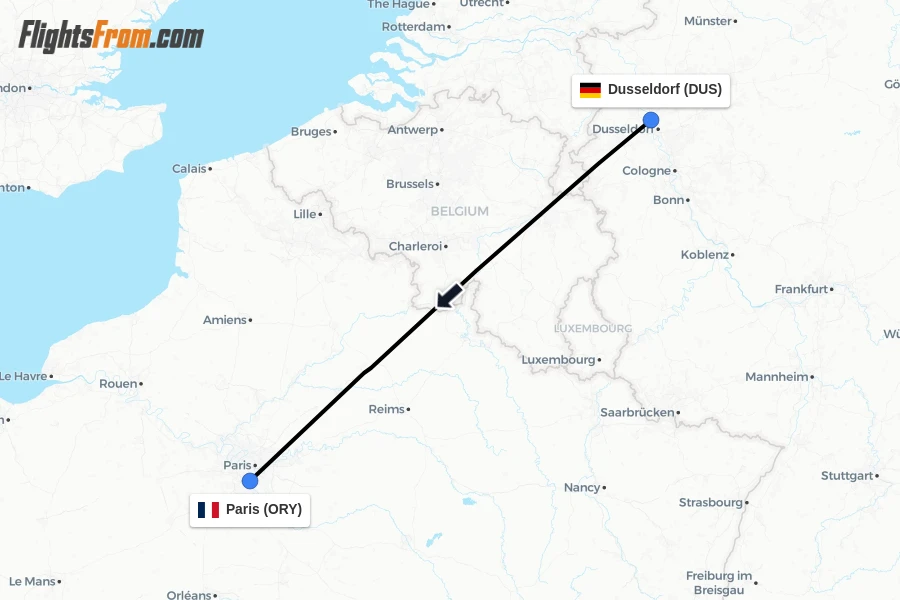 Flights from Dusseldorf to Paris route map