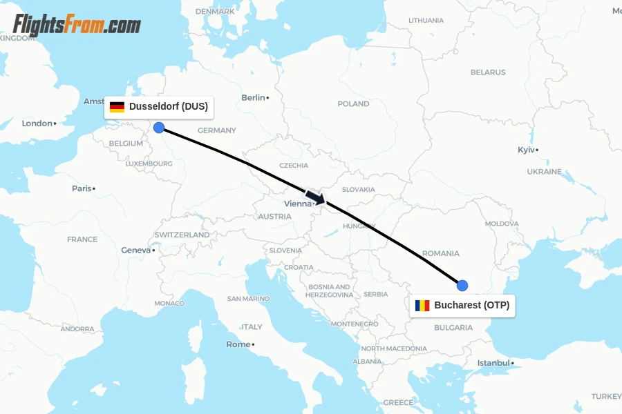 Flights from Dusseldorf to Bucharest route map