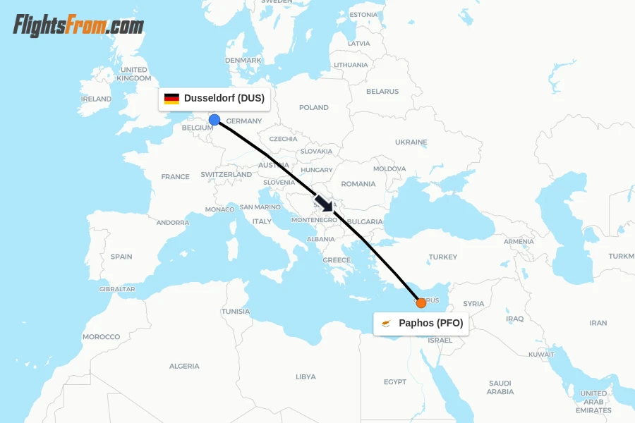 Flights from Dusseldorf to Paphos route map