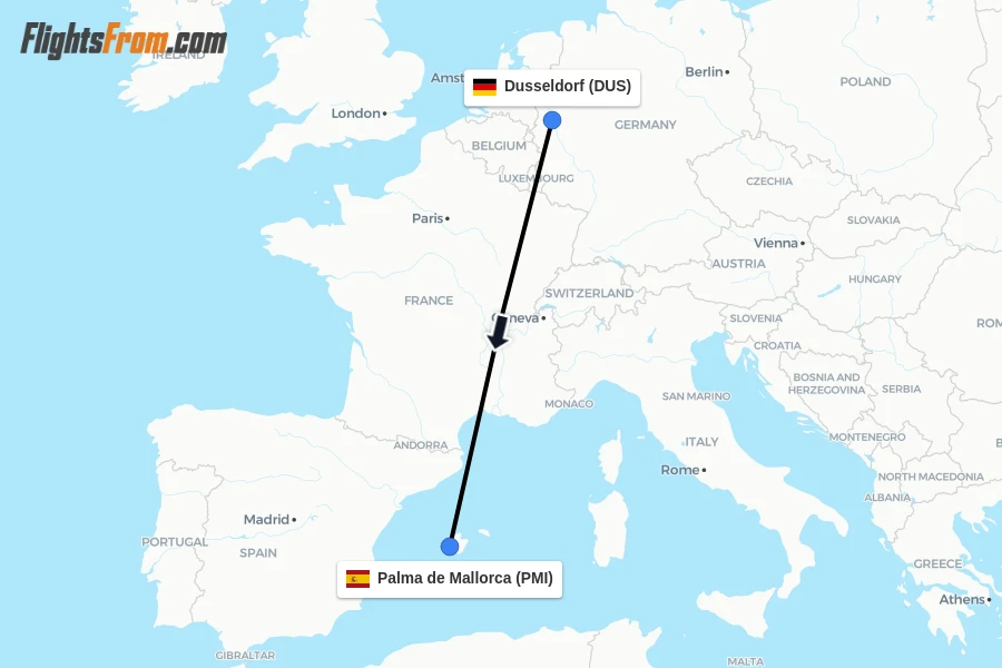 Flights from Dusseldorf to Palma de Mallorca route map
