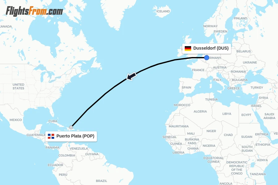 Flights from Dusseldorf to Puerto Plata route map