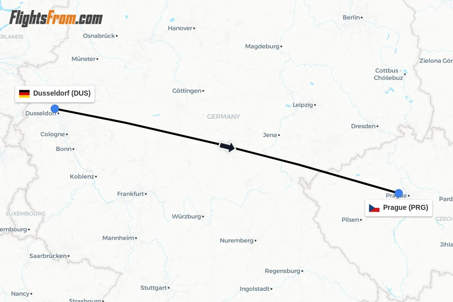 Flights from Dusseldorf to Prague route map