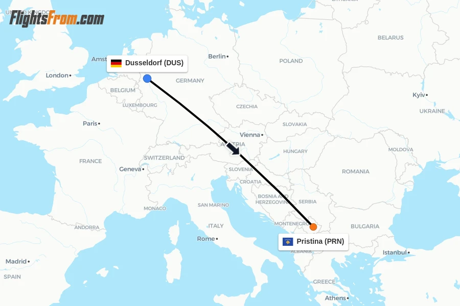 Flights from Dusseldorf to Pristina route map