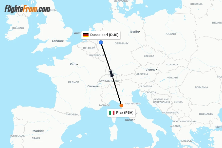 Flights from Dusseldorf to Pisa route map