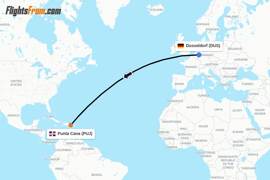 Flights from Dusseldorf to Punta Cana route map