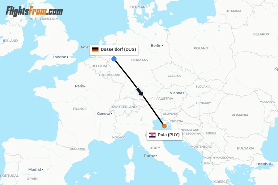 Flights from Dusseldorf to Pula route map