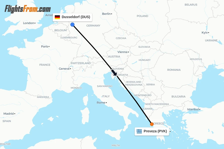 Flights from Dusseldorf to Preveza route map
