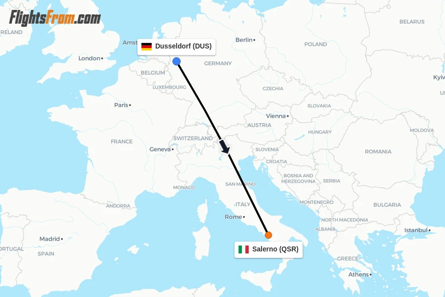Flights from Dusseldorf to Salerno route map