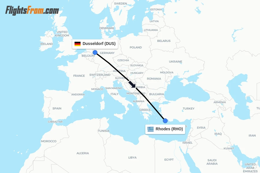 Flights from Dusseldorf to Rhodes route map