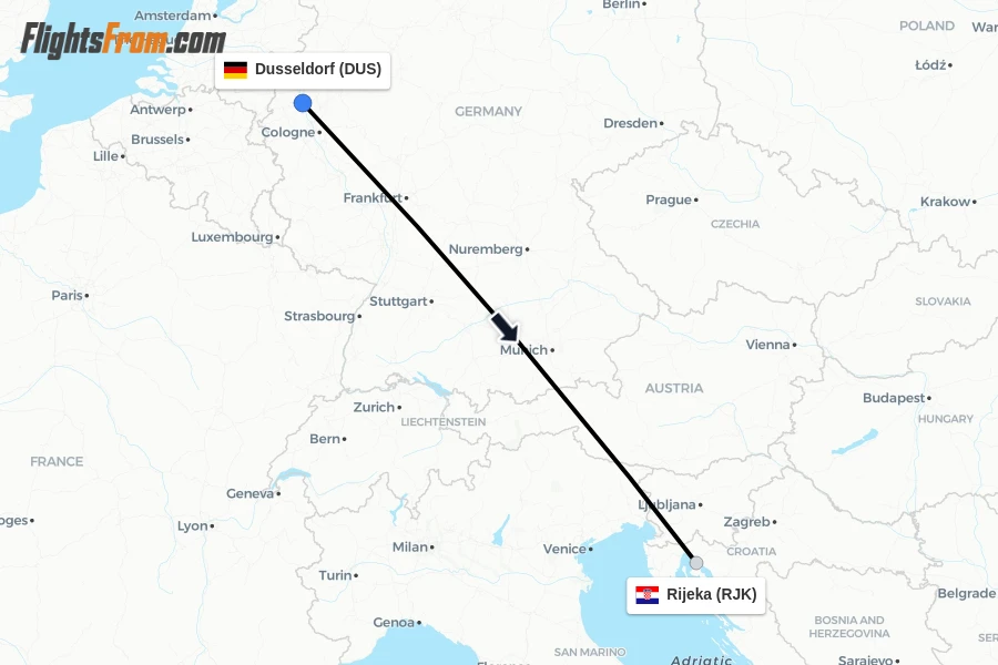 Flights from Dusseldorf to Rijeka route map