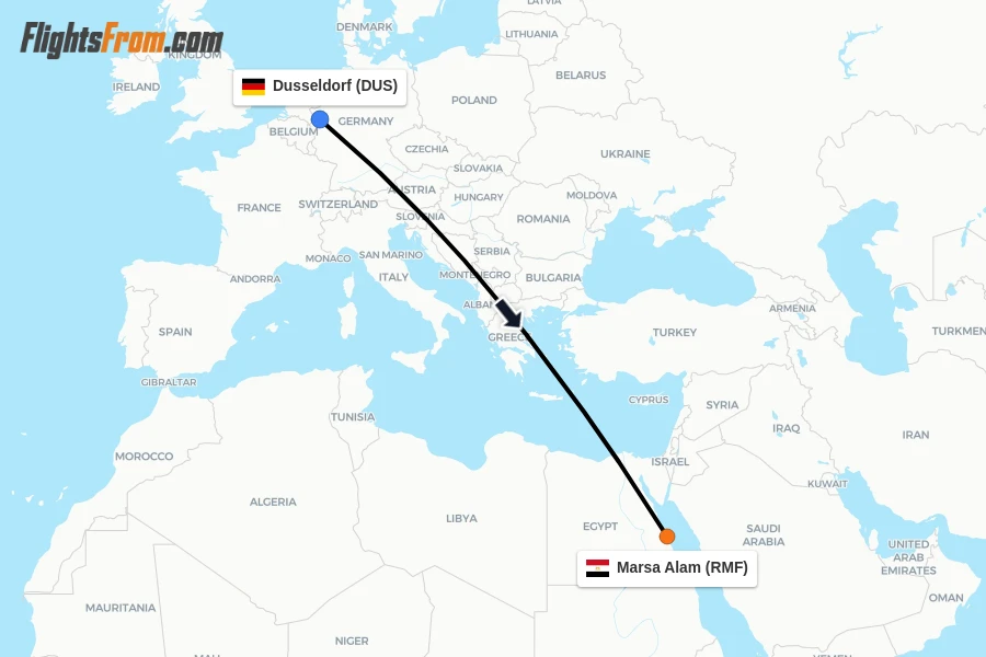 Flights from Dusseldorf to Marsa Alam route map