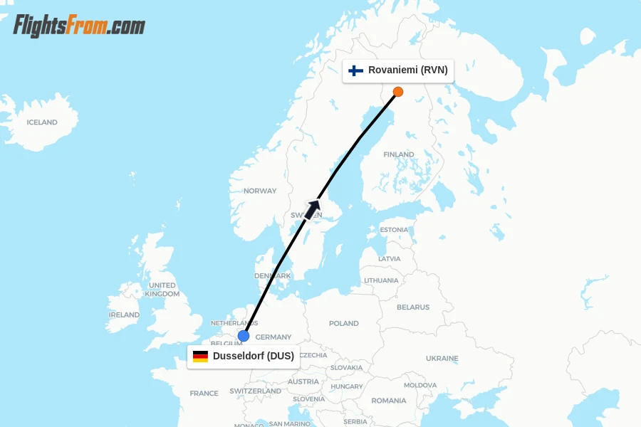 Flights from Dusseldorf to Rovaniemi route map