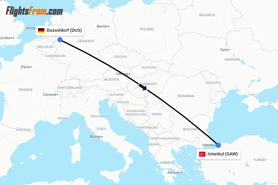 Flights from Dusseldorf to Istanbul route map