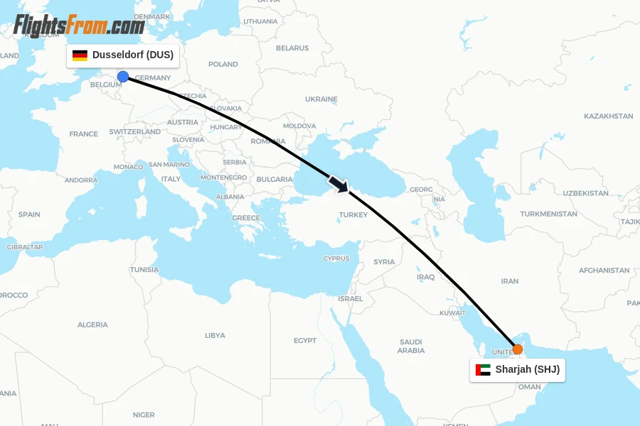Flights from Dusseldorf to Sharjah route map