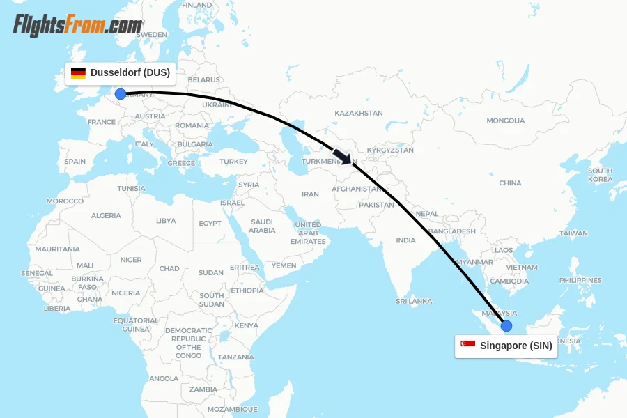 Flights from Dusseldorf to Singapore route map