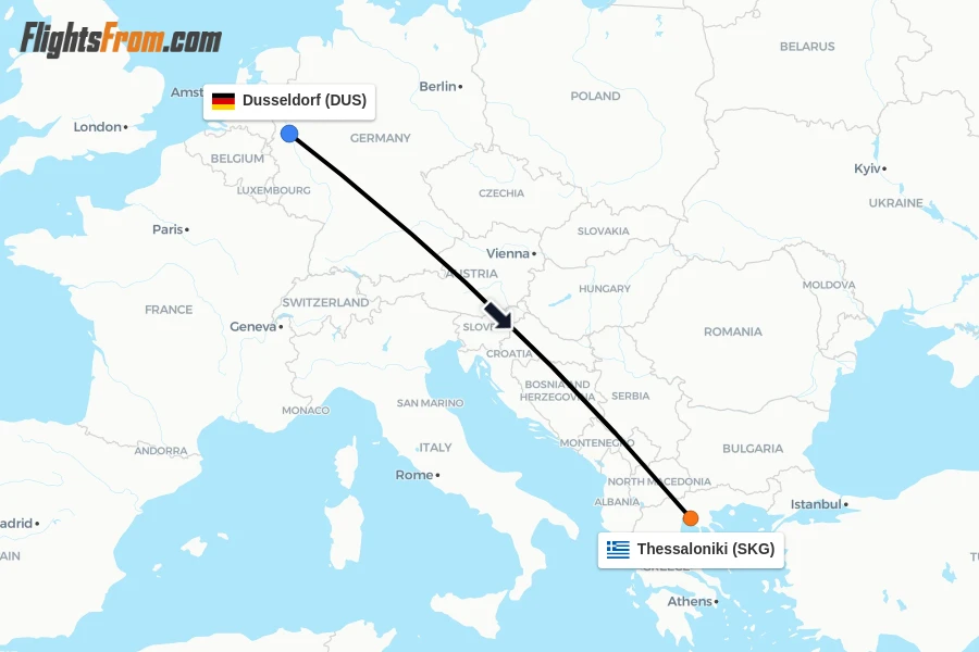 Flights from Dusseldorf to Thessaloniki route map