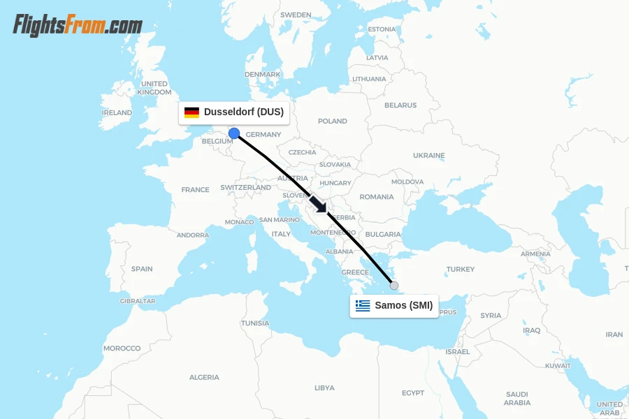 Flights from Dusseldorf to Samos route map