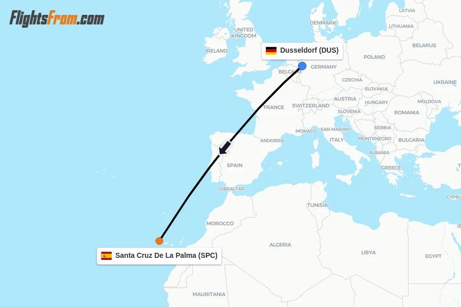 Flights from Dusseldorf to Santa Cruz De La Palma route map