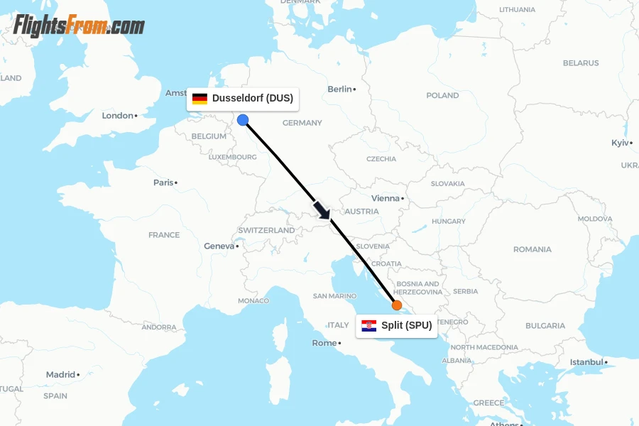 Flights from Dusseldorf to Split route map