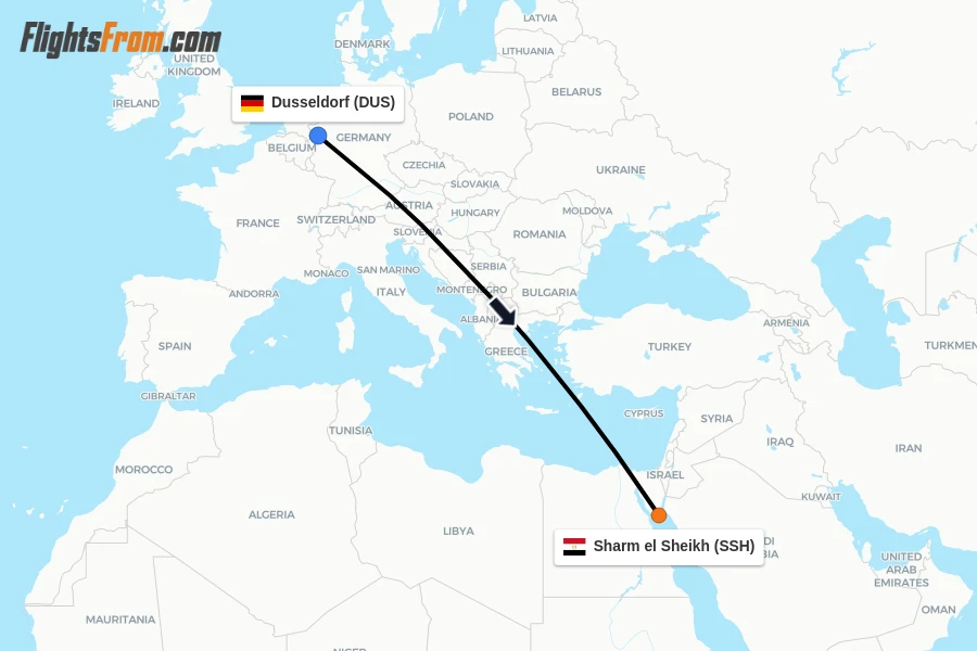 Flights from Dusseldorf to Sharm el Sheikh route map