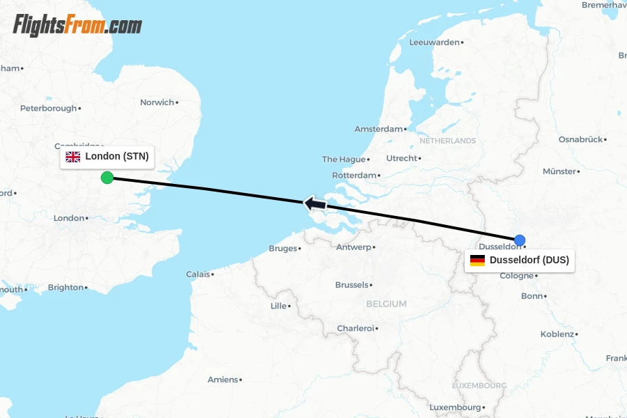 Flights from Dusseldorf to London route map
