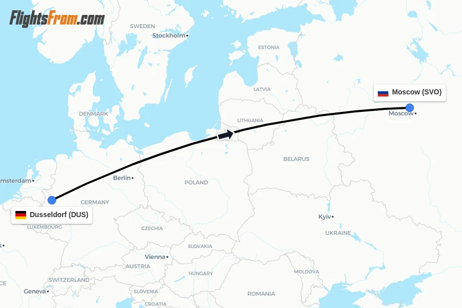 Flights from Dusseldorf to Moscow route map