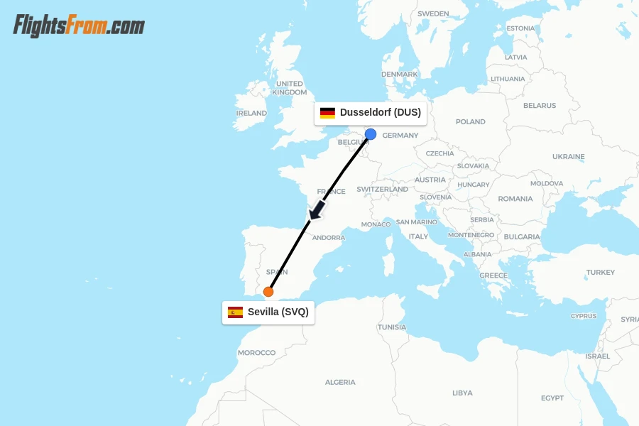 Flights from Dusseldorf to Sevilla route map