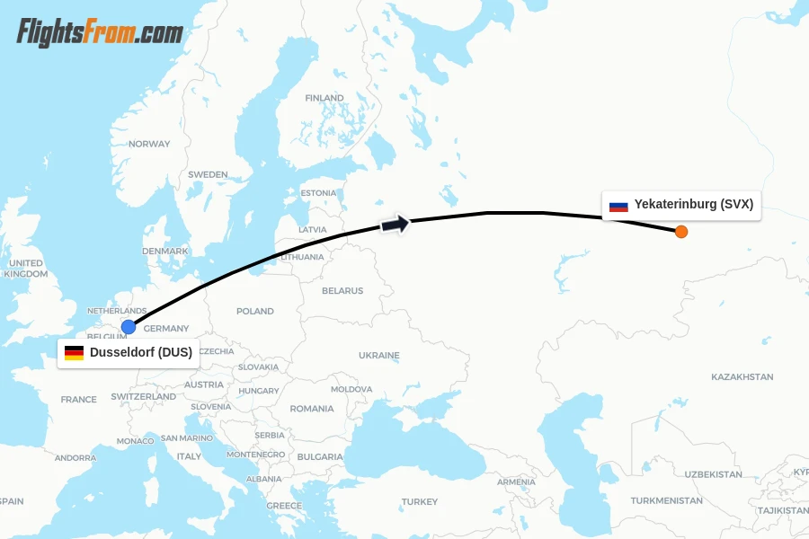 Flights from Dusseldorf to Yekaterinburg route map