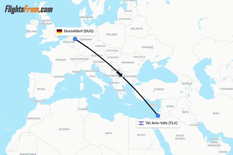Flights from Dusseldorf to Tel Aviv-Yafo route map