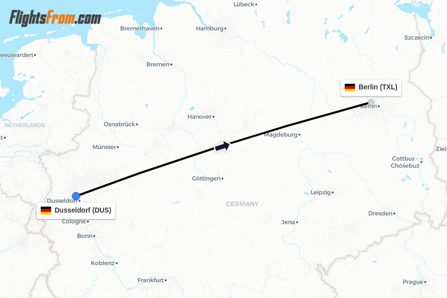 Flights from Dusseldorf to Berlin route map
