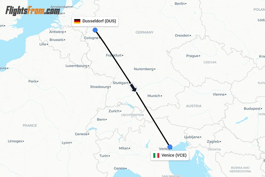 Flights from Dusseldorf to Venice route map