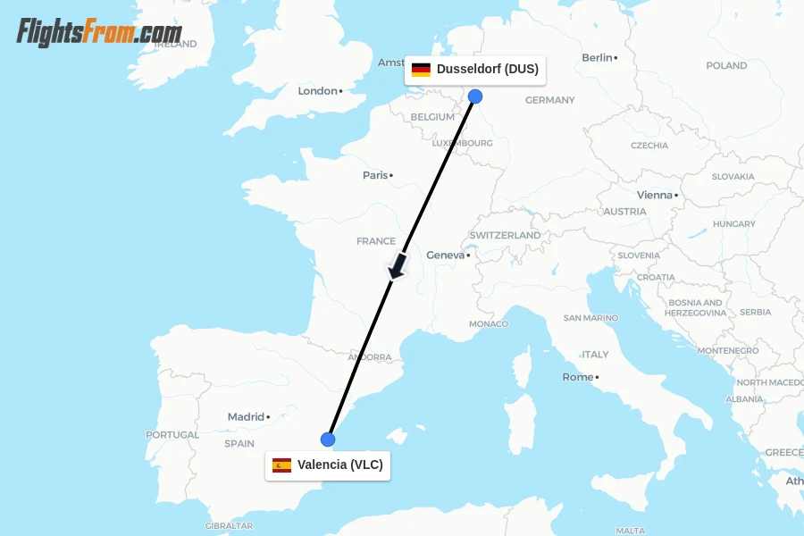 Flights from Dusseldorf to Valencia route map