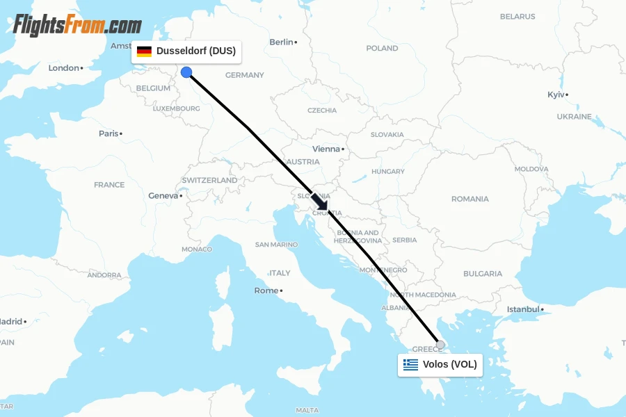 Flights from Dusseldorf to Volos route map