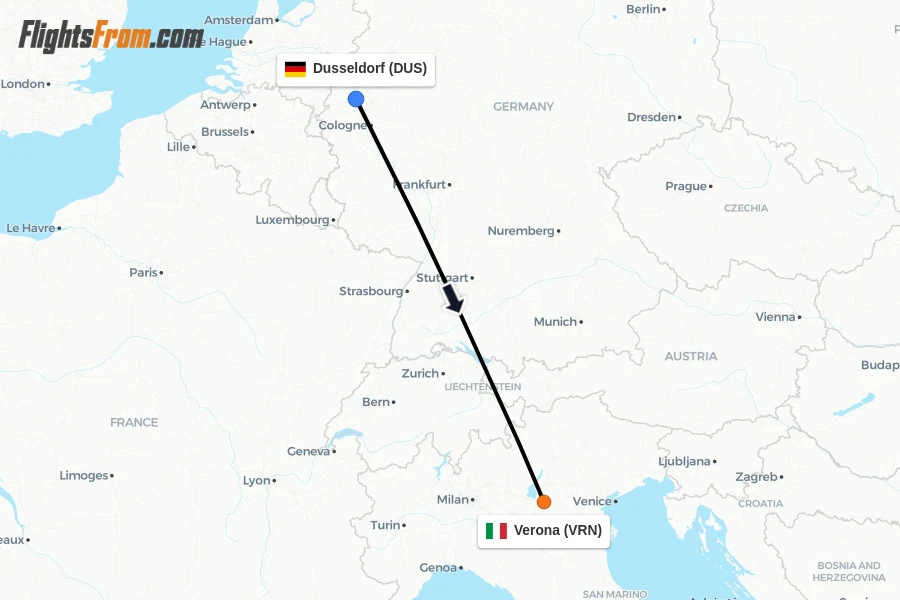Flights from Dusseldorf to Verona route map