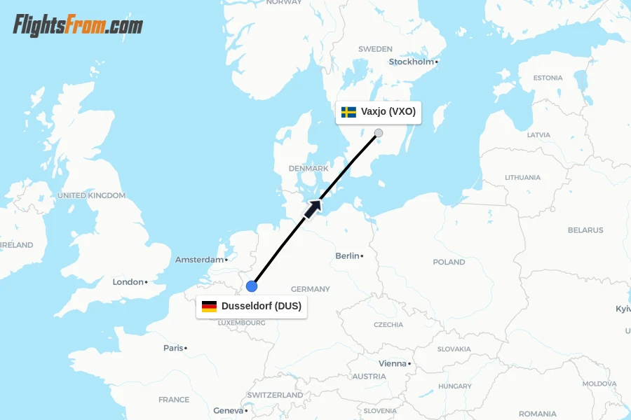 Flights from Dusseldorf to Vaxjo route map