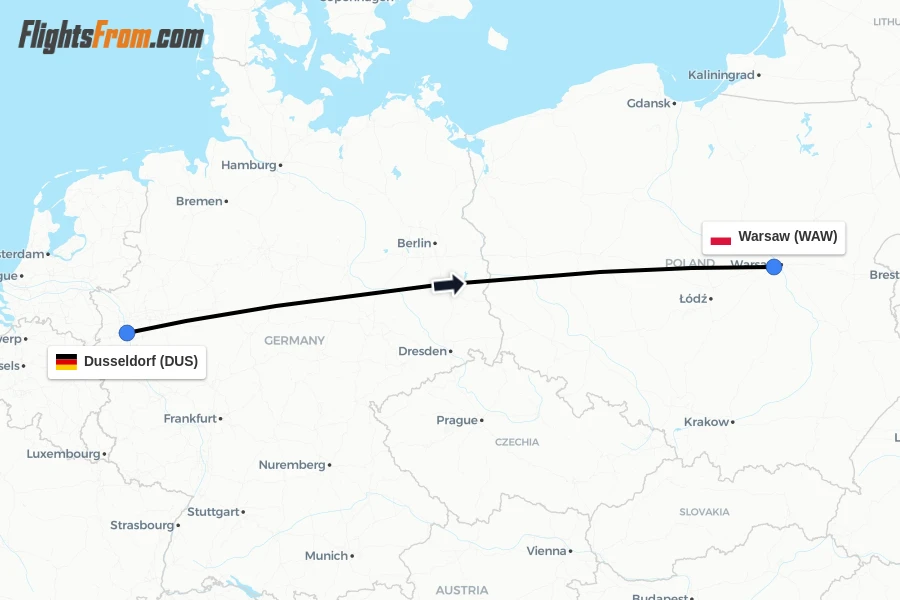 Flights from Dusseldorf to Warsaw route map