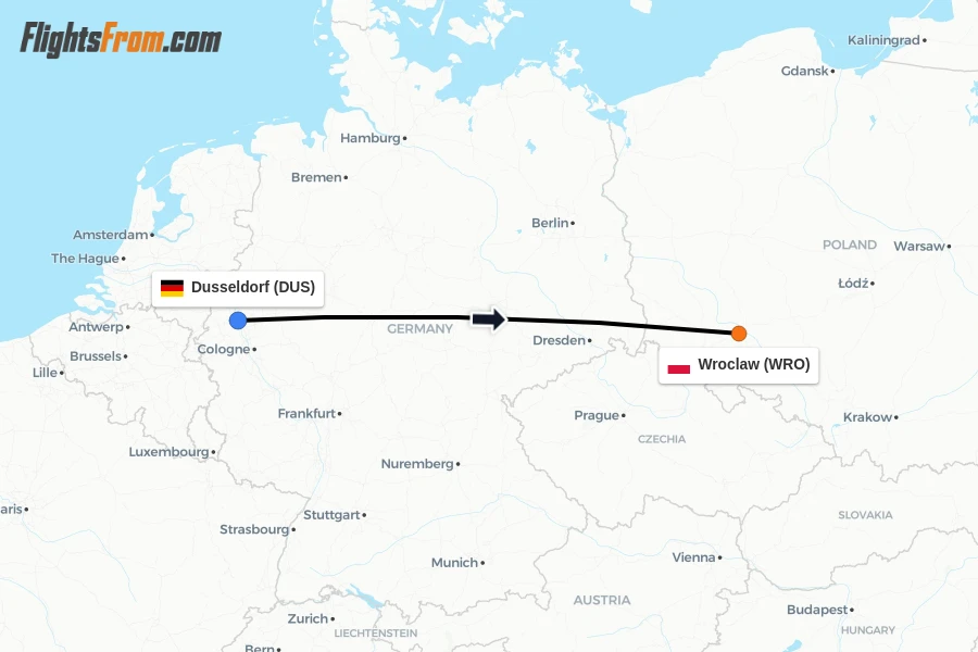 Flights from Dusseldorf to Wroclaw route map