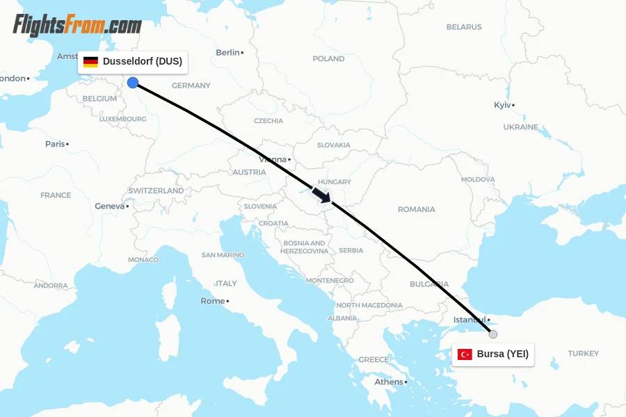 Flights from Dusseldorf to Bursa route map