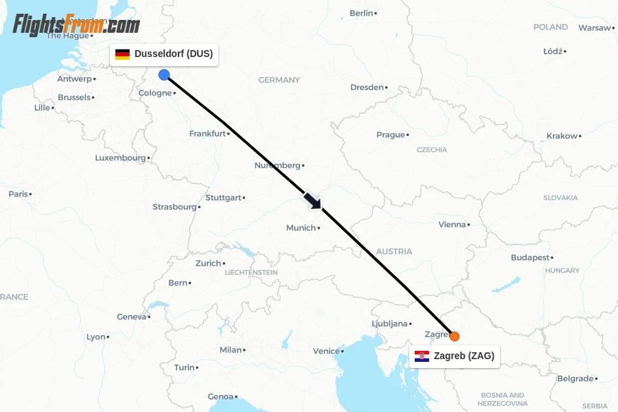 Flights from Dusseldorf to Zagreb route map
