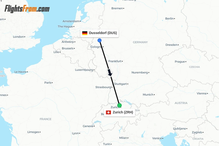 Flights from Dusseldorf to Zurich route map